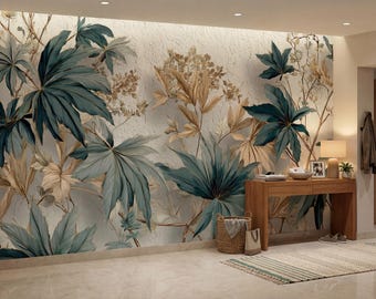 Botanical Leaf Wallpaper, Tropical Wall Mural, Neutral Green Beige Wallpaper, Nature Design, Entryway Decor, Large Scale Floral Wall Art