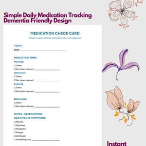 Può includere: Una scheda bianca di controllo dei farmaci con il titolo "Medication Check Card" in viola. La scheda include sezioni per gli orari dei farmaci, gli effetti collaterali e chi ha controllato i farmaci. Le parole "Instant download" sono in basso.