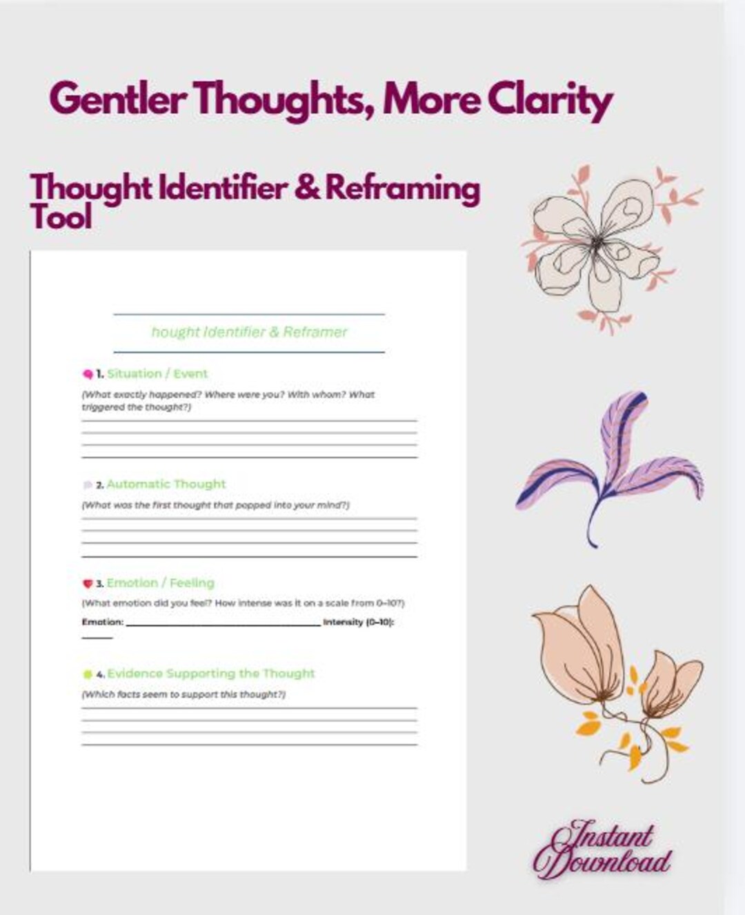 Reframe Card.pdf CBT Thought Identifier & Reframing Sheet | Challenge Negative Thoughts ...