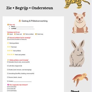 May include: A digital download featuring a worksheet titled "Behavior & Sensory Processing" with fill-in sections and a list of questions. Includes illustrations of a tiger, dog, rabbit, and turtle. Text includes "See, Understand, Support."
