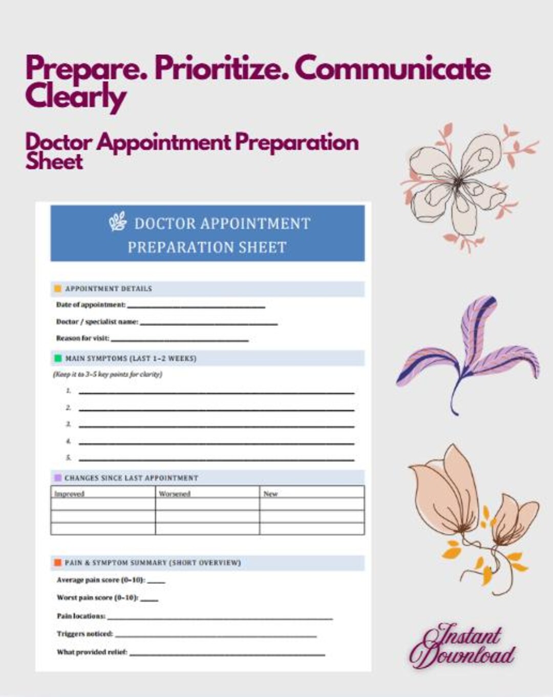 Medical Appointment Prep Sheet | Questions, Symptoms & Notes | Doctor ...