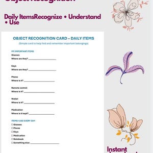 Peut inclure: Une carte de reconnaissance d'objets imprimable avec des sections à remplir pour les objets quotidiens. La carte est blanche avec du texte violet et des illustrations florales. Les mots "Object Recognition" et "Instant download" sont également visibles.