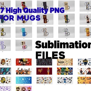 Può includere: Un'immagine che mostra 17 file PNG di alta qualità per tazze, con vari design. L'immagine include tazze impilate con diversi motivi e le parole "Sublimation FILES".