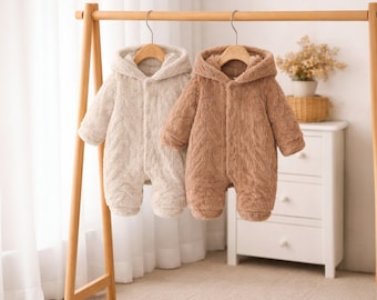 Baby Boy Winter Plush Jumpsuit, Hooded Zipper Romper, Warm Fleece Newborn Outfit