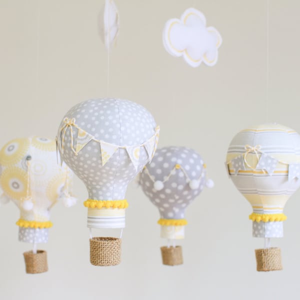 Yellow and Grey Baby Mobile, Hot Air Balloon Mobile, Nursery Decor, Personalized Baby Gift, Baby Shower