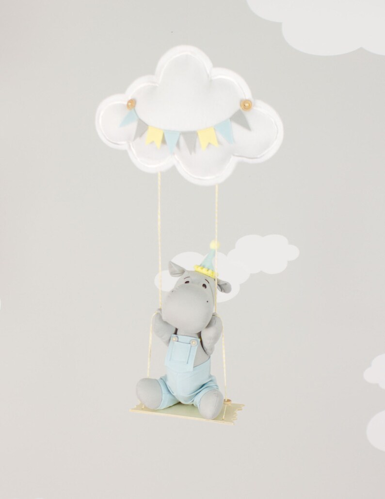 Hippo Baby Mobile Cloud Nursery Decor Swinging Hippo Mobile Etsy