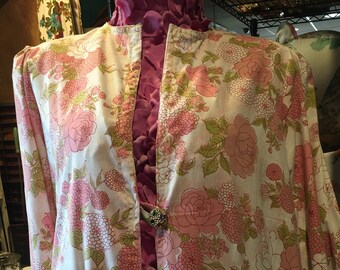 repurposed Altered couture Boho gypsy dress coverup vintage pink cabbag rose 1960 linens xlarge large summer cotton peasant hippie blouse