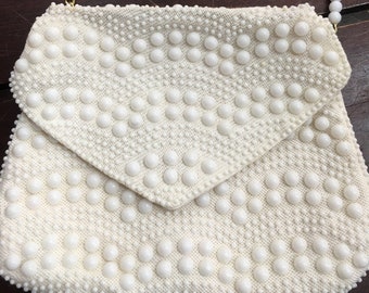 Vintage white bubble bead shoulder bag 1960