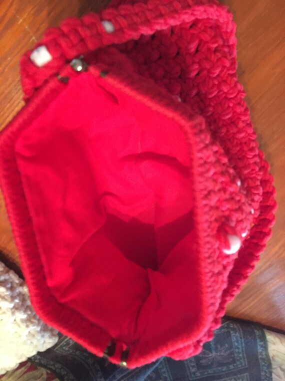 vintage red macrame purse beaded long shoulder ba… - image 6