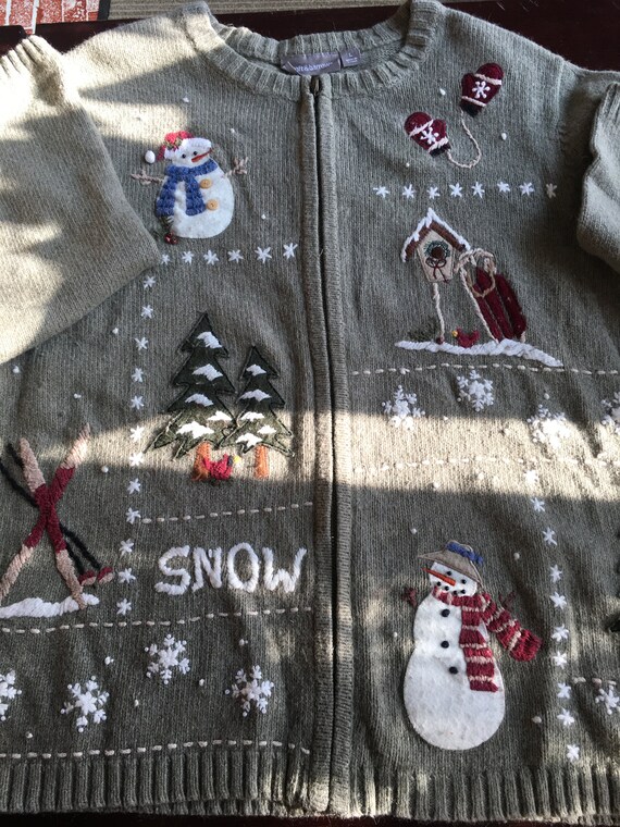 Ugly Christmas Sweater green large skis snowmen