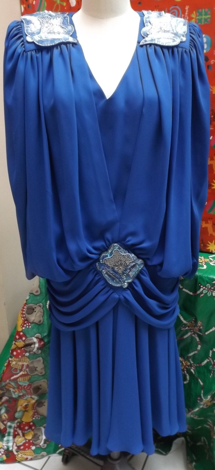 1980 Vintage Dress Periwinkle Blue Size 12 Xlarge Large Gatsby