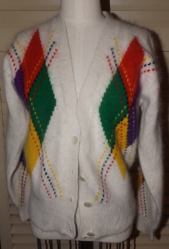 Vintage Argyle angora lambs wool creme cardigan sm