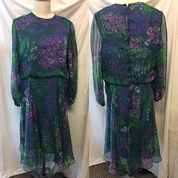 1980 Vintage dress floral chiffon purple dress me… - image 1