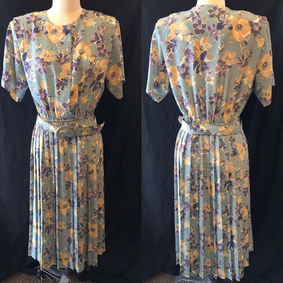 1980 vintage dress pale blue floral large medium