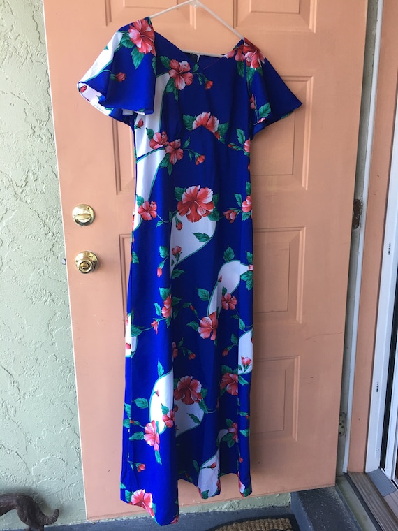 1960 vintage dress Muumuu Hawaiian blue medium - image 3