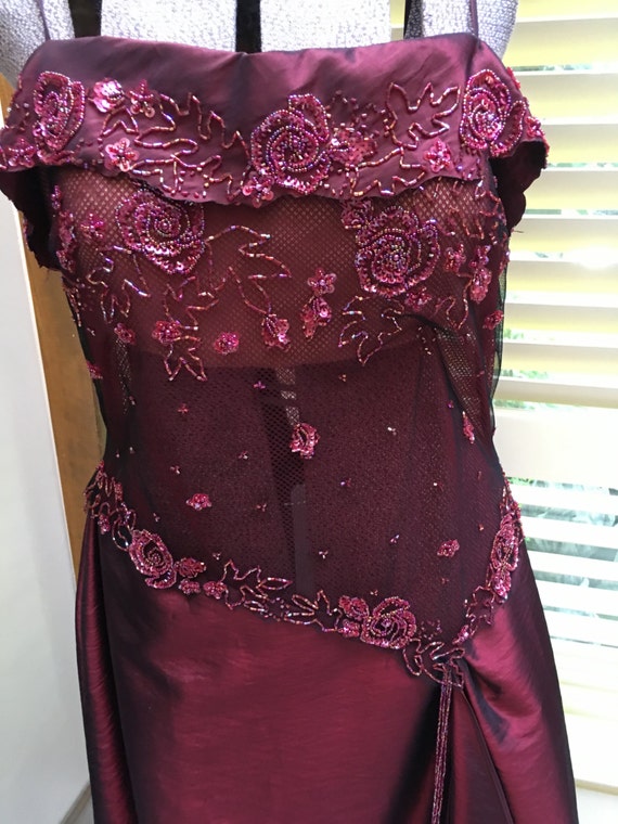 Sexy retro Cranberry beaded sheer bodice cocktail… - image 1