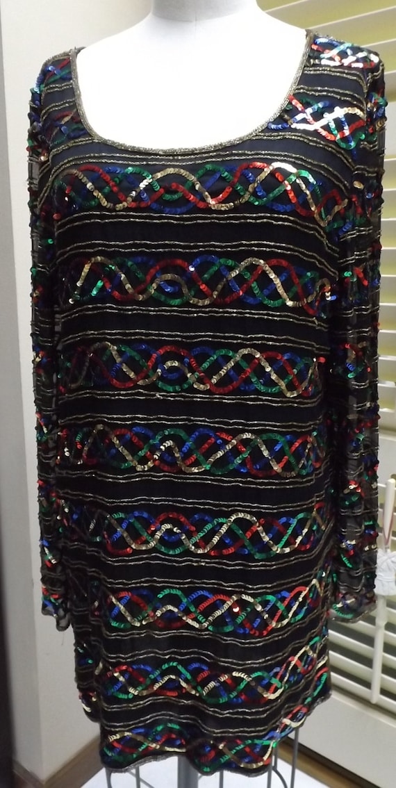 Black vintage multi colored beaded dress blouse si