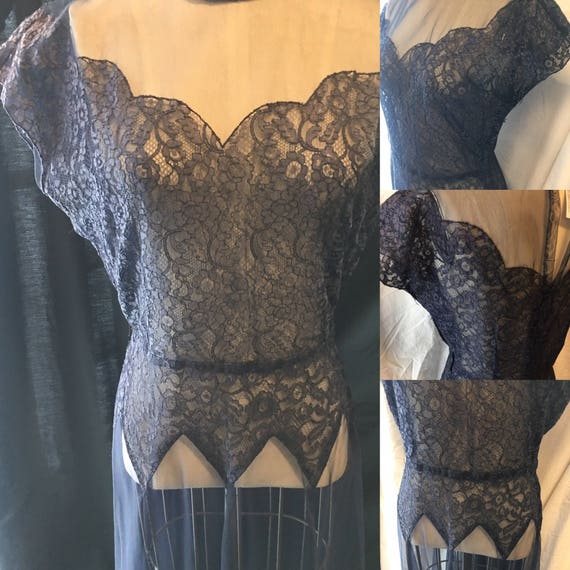 1940 vintage dress navy blue toile lace small xsma
