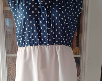 Vintage Workday retro blue polka dots and white  pencil skirt dress 1970 small medium