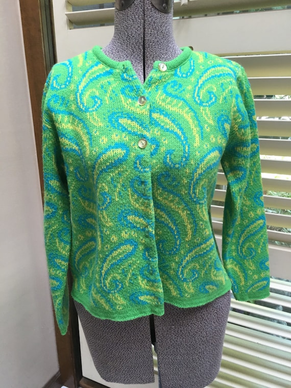 Vintage lime green cardigan sweater paisley patter