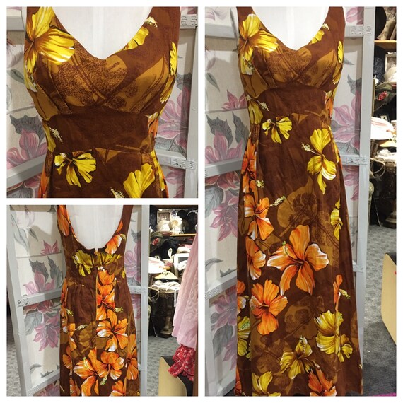 1950 vintage dress Muumuu gold brown floral medium