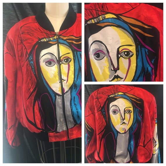 Red white modern Picaso image silk bomber disco j… - image 2
