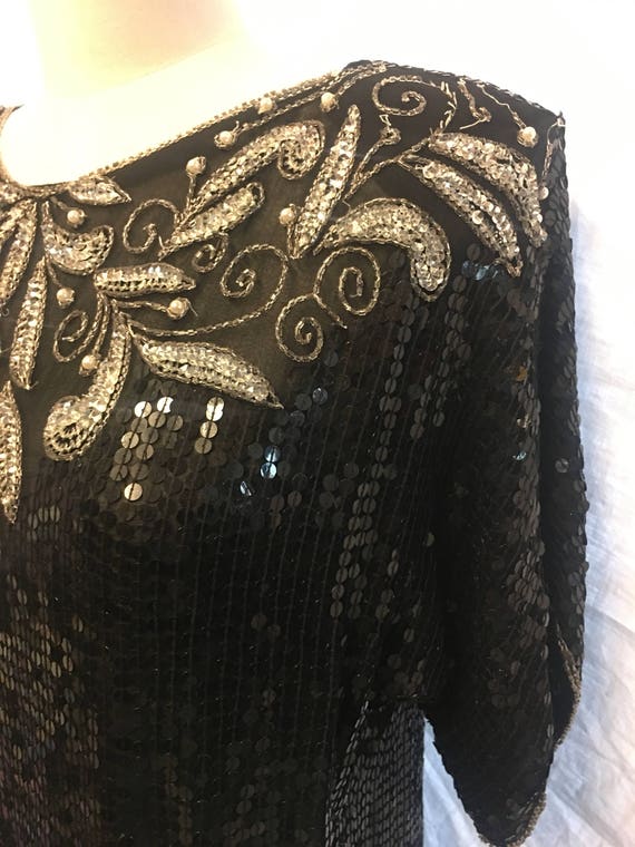 Vintage black silk beaded clubbing top Blouse sma… - image 3
