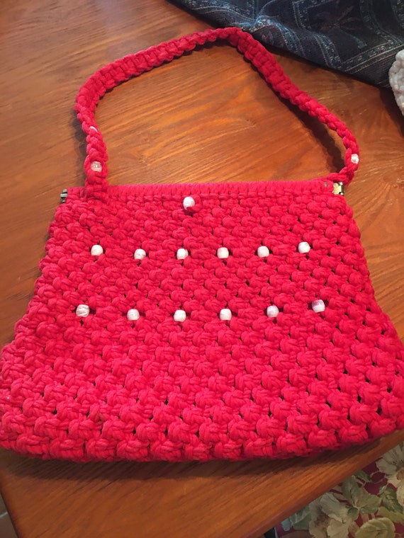 vintage red macrame purse beaded long shoulder ba… - image 1