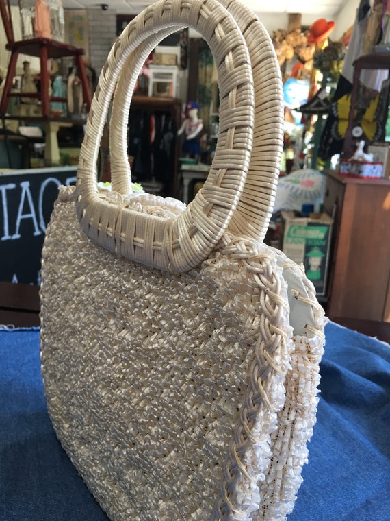 Vintage white straw floral purse handbag 1940 - image 6