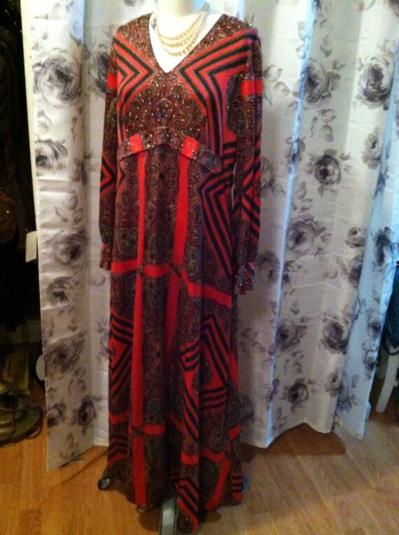 Mod orange with vibrant pattern and beading dress… - image 1