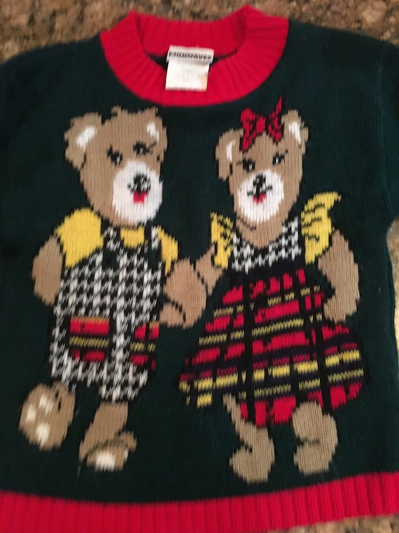 Retro kids sweater Red pair of dancing bears fall 