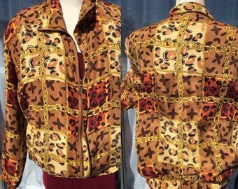 Black gold modern leopard silk bomber disco jacket FUDA women size M retro 1980