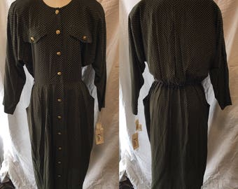 Retro vintage green polka dot dress 1980 large medium size 12