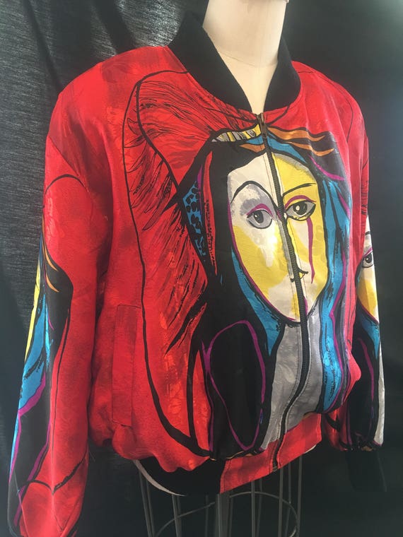 Red white modern Picaso image silk bomber disco j… - image 5