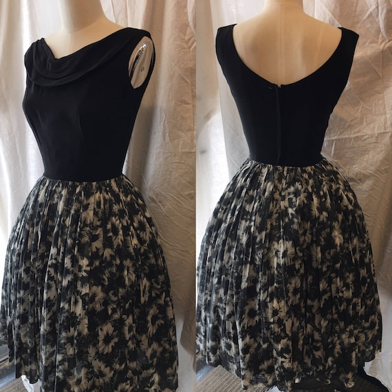 1950 vintage dress black sheer floral small xsmal… - image 1