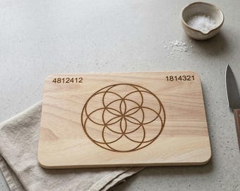 Energetisches Frühstücksbrettchen Holz | Samen des Lebens & Grabovoi Codes Gravur | Heilige Geometrie Schneidebrett | Achtsamkeit Geschenk