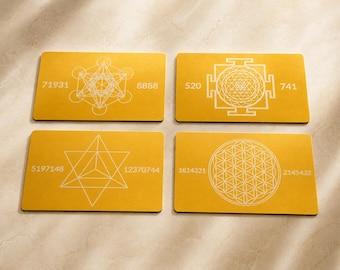 Quanten-Resonanz Karten 4er Set , Grabovoi Zahlen  Heilige Geometrie | Aktivierte Metallkarten für Reichtum, Gesundheit, Schutz & Potenzial