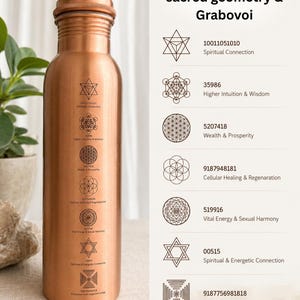 Op de afbeelding: Een cilindrische koperen waterfles met gegraveerde heilige geometrie-symbolen en Grabovoi-getallenreeksen. De tekst bevat The Power of sacred geometry & Grabovoi, Spiritual Connection 10011051010, Higher Intuition & Wisdom 35986, Wealth & Prosperity 5207418, Cellular Healing & Regeneration 9187948181, Vital Energy & Sexual Harmony 519916, Spiritual & Energetic Connection 00515, en Protection from negative energy 918775698181.