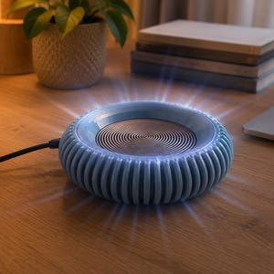 May include: A circular, light blue electric mug warmer with a ribbed exterior and a metallic, concentric-ring heating surface. The device features a glowing blue light ring around the center and is connected to a black power cord.