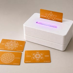 May include: A white rectangular electronic device with a glowing purple slot, containing one orange card with white geometric line art and the text 5197148 and 12370744. Two additional orange cards with white geometric patterns lie nearby.