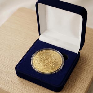 May include: A gold-colored coin with a geometric design inside a clear plastic case, presented in a dark blue velvet box. The coin has the numbers "918 794 818" around the edge. The box is open, revealing the coin on a wooden surface.