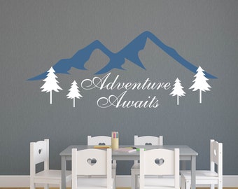 Nursery wall decal / adventure awaits decal / pine tree decal / vinyl wall decal / mountain decals / travel decal / wall letters