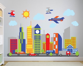 wall decals / Kids wall decals / city decal /  buildings decal /  vinyl wall decal / nursery wall decals / plane decal / trucks / road decal