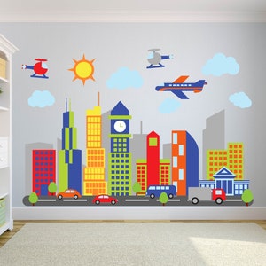 wall decals / Kids wall decals / city decal /  buildings decal /  vinyl wall decal / nursery wall decals / plane decal / trucks / road decal