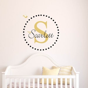 Kids decals - initial decal - monogram - name decals - bird -  vinyl wall decal - wall decals - Nursery decal - child&#39;s name decal - gold