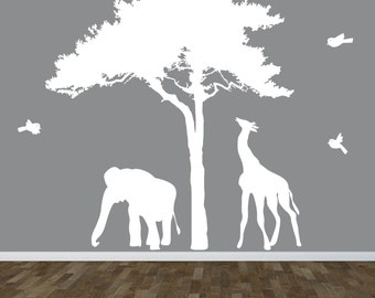 wall decals - Tree decal - Elephant - Giraffe - African tree - vinyl wall decal - Nursery decals - children decal -  Africa tree