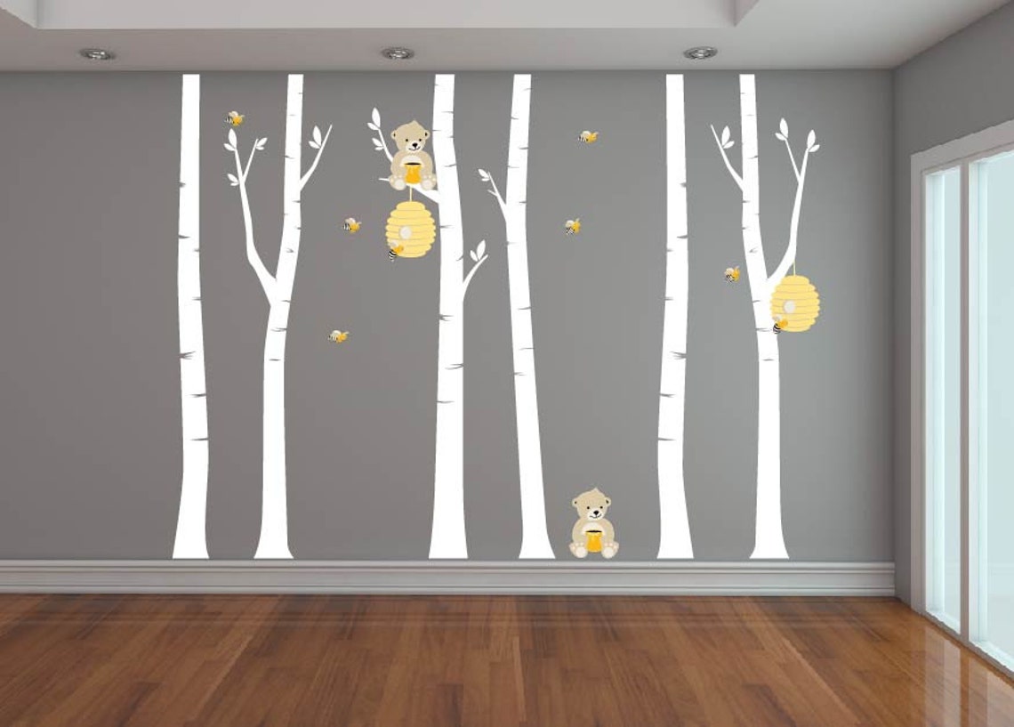 Nursery Decals Birch Trees Wall Decal Tree Decal Bear Etsy