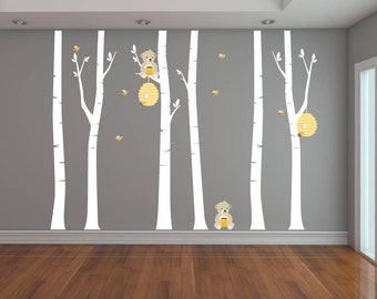 Nursery decals - Birch trees - Wall decal - tree decal - Bear decal -  Bee hive - Bee decal - set of trees - Vinyl tree decal - Vinyl decals