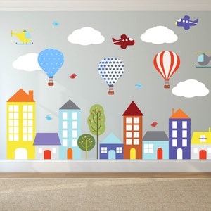 wall decals- Kids wall decals- city decal-  buildings decal-  vinyl wall decal-- nursery wall decals - Hot air balloons