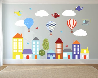 wall decals- Kids wall decals- city decal-  buildings decal-  vinyl wall decal-- nursery wall decals - Hot air balloons